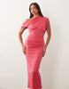 asymmetric off shoulder midi dress in pink scuba-style fabric