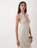 halter neck linen look slip maxi sundress with striped bust in neutral