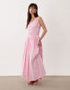 shirred cotton poplin maxi sundress with dropped waist in pink stripes