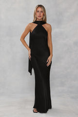 The Vivia Halter Satin Maxi Dress Black
