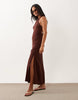 Miss Selfridge Petite linen blend halter neck maxi dress in chocolate