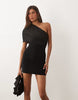 Missy Empire double sculpted slinky asymmetric shoulder fold over mini dress in black