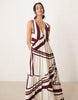 v neck trapeze tiered maxi dress in chocolate and cream stripe