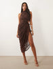 lace maxi dress with ruched cut out detail in chocolate