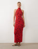knit halter neck maxi dress in red polka dot