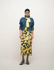 cotton sateen cami maxi sundress with bust detailing in yellow print