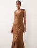 square neck button down midi sundress in warm chocolate