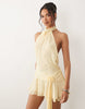 Oh Polly chiffon halter neck rosette detail draped waist mini dress in butter yellow
