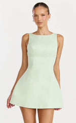 Raquelle Mini Dress - Boucle Boat Neck V Back Fit and Flare Dress in Pistachio