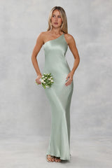 The Evangeline One Shoulder Satin Maxi Dress Sage Green