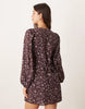 Glamorous long sleeve mini tea dress with tie front in brown ditsy floral