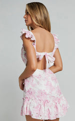 Anisha Mini Dress - Flutter Sleeve Straight Neck With Tie Back Dress in Pink and White Floral Print