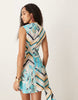 high neck drape detail mini dress in scarf print