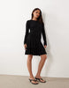 Nobody's Child Petite Yuki round neck drop waist ruched detail mini dress in black