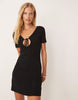 Mango compact knit mini tea dress with tie detail in black