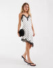 ONLY lace detail asymmetric satin mini dress in white polka dot print