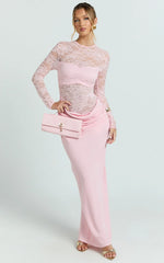 Crisanta Maxi Dress - Long Sleeve Contrast Lace Bodycon Dress in Pink