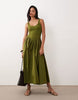 basque waist midi dress with woven skirt in olive