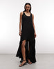 AllSaints Dorina sleeveless ruched asymmetric ruffle midi dress in black