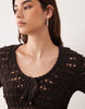 Miss Selfridge crochet long sleeve mini dress with keyhole detail in chocolate