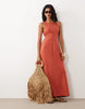 premium 100% linen waisted maxi dress with open back in terracotta