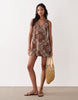 cotton linen v neck smock mini dress in chocolate bandana print