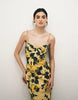 cotton sateen cami maxi sundress with bust detailing in yellow print