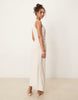 linen mix twist shoulder detail midi dress with ruching in oat