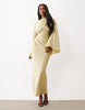 draped long sleeve cross front high neck satin maxi dress
