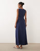 premium 100% linen slash neck midi dress with asymmetric dropped waist and hanky hem in navy
