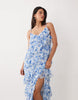 VILA asymmetric frill maxi dress with side split in blue floral print