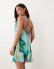 Petite bias cut scoop neck low back satin mini dress in blue & red abstract floral