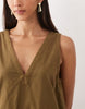cotton linen v neck smock mini dress in moss green