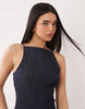 denim racer neck mini dress with godet hem in rinse