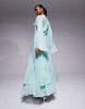 long sleeve high neck maxi dress with ruffle godets and flute sleeves in teal