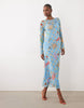 Never Fully Dressed mesh long sleeve midi dress in blue celestial print