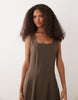 VILA square neck linen-effect midi dress in slate brown