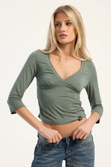 Rusty Rikki V Neck Jersey Top Khaki