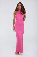 Outfit Energy Satin Halter Maxi Dress Pink