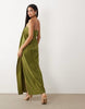 draped strapless maxi dress in olive green
