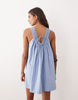v-neck poplin mini smock sundress with lace overlay in dusky blue