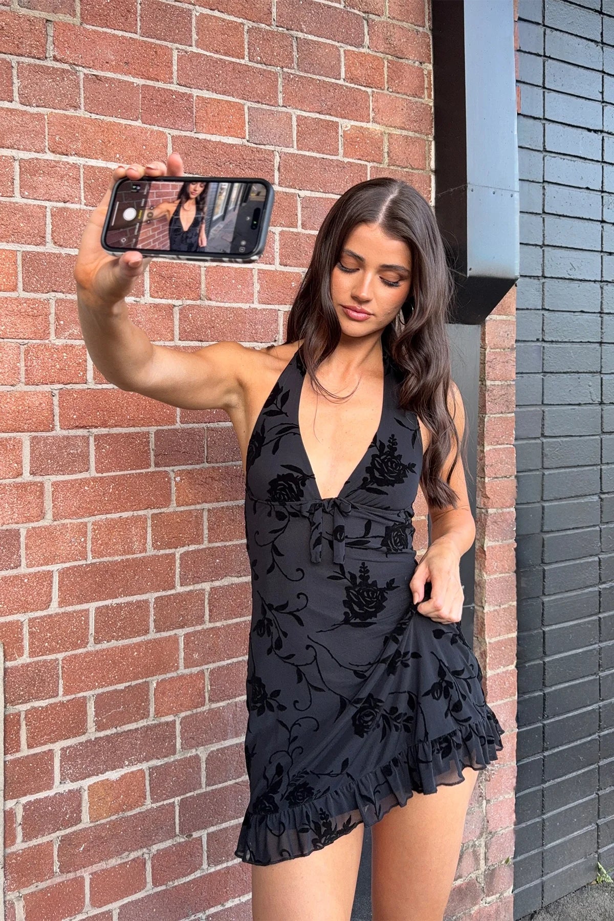 Motel Motya Halterneck Mini Dress Floral Rose Flocked Black