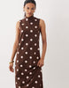 sleeveless funnel neck maxi dress in chocolate and pink polka dots