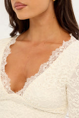 Luck & Trouble Matilde Lace Long Sleeve V Neck Top Cream