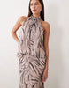 halter neck slouchy dropped waist godet maxi dress in abstract zebra
