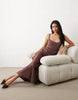 deep scoop neck midaxi dress with asymmetric draped skirt overlay in chocolate