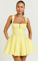 Indi Mini Dress - Square Neckline Lace Up Back Dress in Lemon