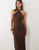 halter open back midi dress with twisted neck detail in chocolate