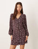 Glamorous long sleeve mini tea dress with tie front in brown ditsy floral