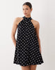 bow detail mini dress in mono polka dot